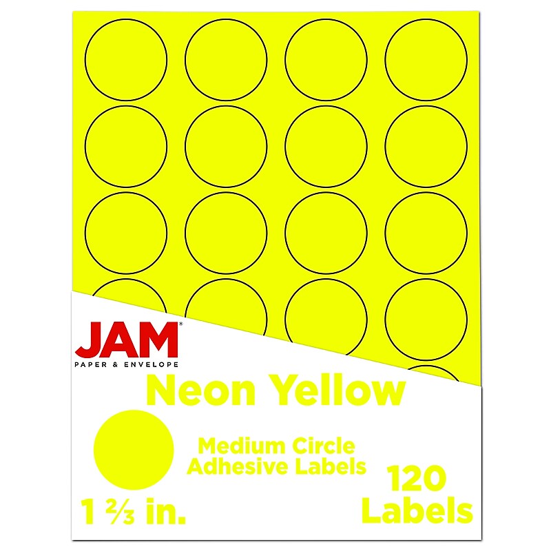 JAM Paper Round Label Sticker Seals, 1 2/3" Diameter, Neon Yellow, 24 Labels/Sheet, 5 Sheets/Pack (354329582) image 1