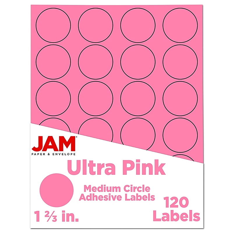 JAM Paper Circle Round Label Seals, 1 2/3" Diameter, Ultra Pink, 24 Labels/Sheet, 5 Sheets/Pack (147627062) image 1