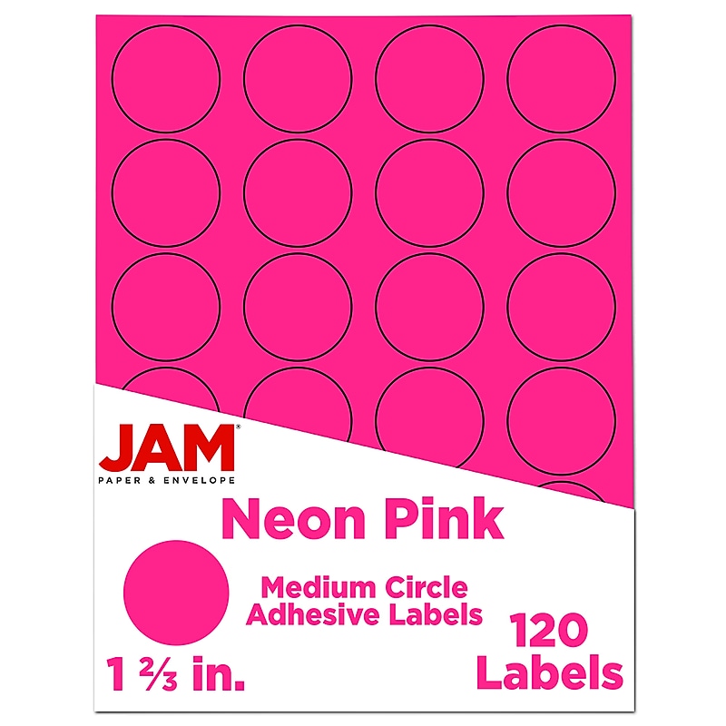 JAM Paper Round Label Sticker Seals, 1 2/3" Diameter, Neon Pink, 24 Labels/Sheet, 5 Sheets/Pack (354329581) image 1