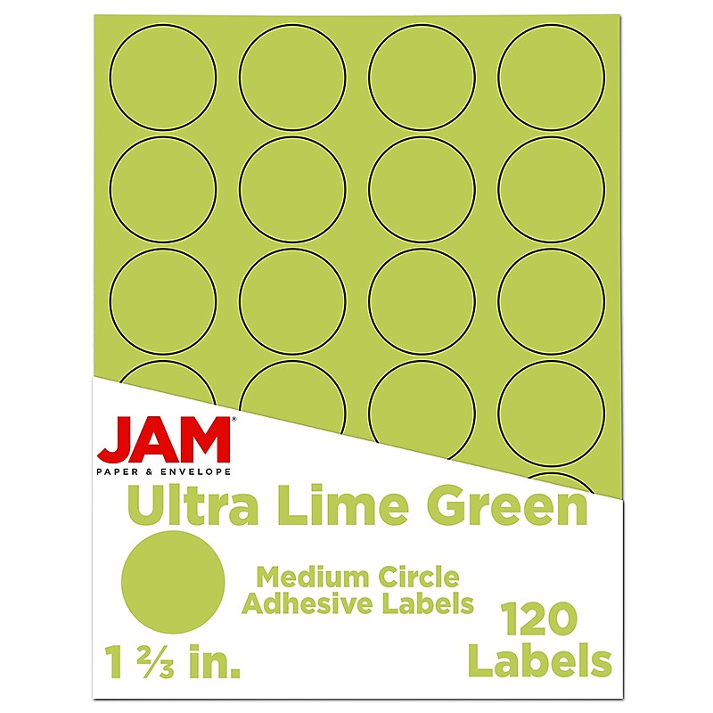 JAM Paper Round Label Seals, 1 2/3" Diameter, Ultra Lime Green, 24 Labels/Sheet, 5 Sheets/Pack (147627049) image 1