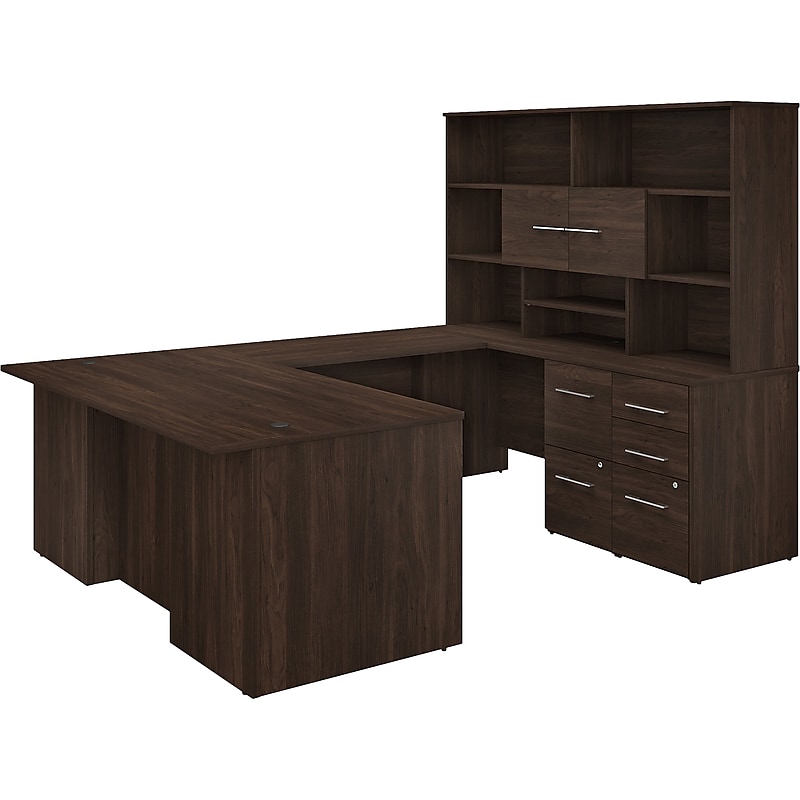 Bush Business Furniture Office 500 72"W U Shaped Executive Desk with Drawers and Hutch, Black Walnut (OF5003BWSU) image 1