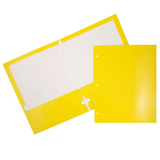 JAM Paper Glossy 3 Hole Punched 2Pocket School Folders, Yellow, 100