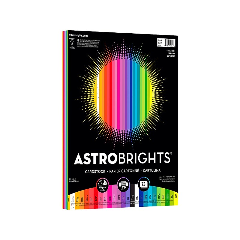 Astrobrights 65 lb. Cardstock Paper, 8.5" x 11", Spectrum Assortment, 75 Sheets/Pack (80944-01) image 1