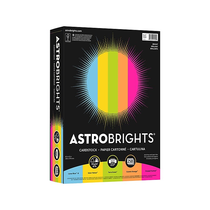 Astrobrights 65 lb. Cardstock Paper, 8.5" x 11", Bright Assortment, 250 Sheets/Pack (99904) image 1