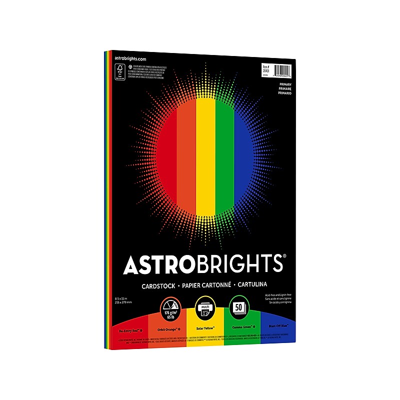Astrobrights 65 lb. Cardstock Paper, 8.5" x 11", Primary Assortment, 50 Sheets/Pack (20401) image 1