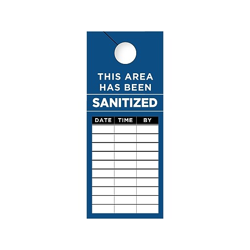 Cosco Paper SANITIZED Safety Door Hanger, 8" x 3.5", Blue/Black/White