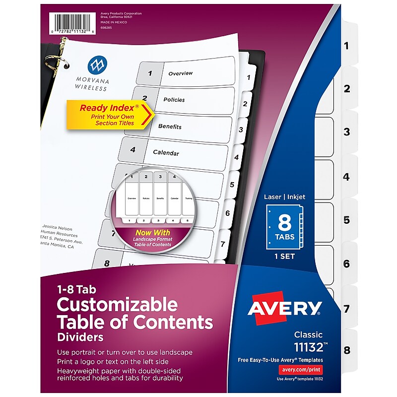 Avery Ready Index Table of Contents Paper Dividers, 1-8 Tabs, White (11132) image 1