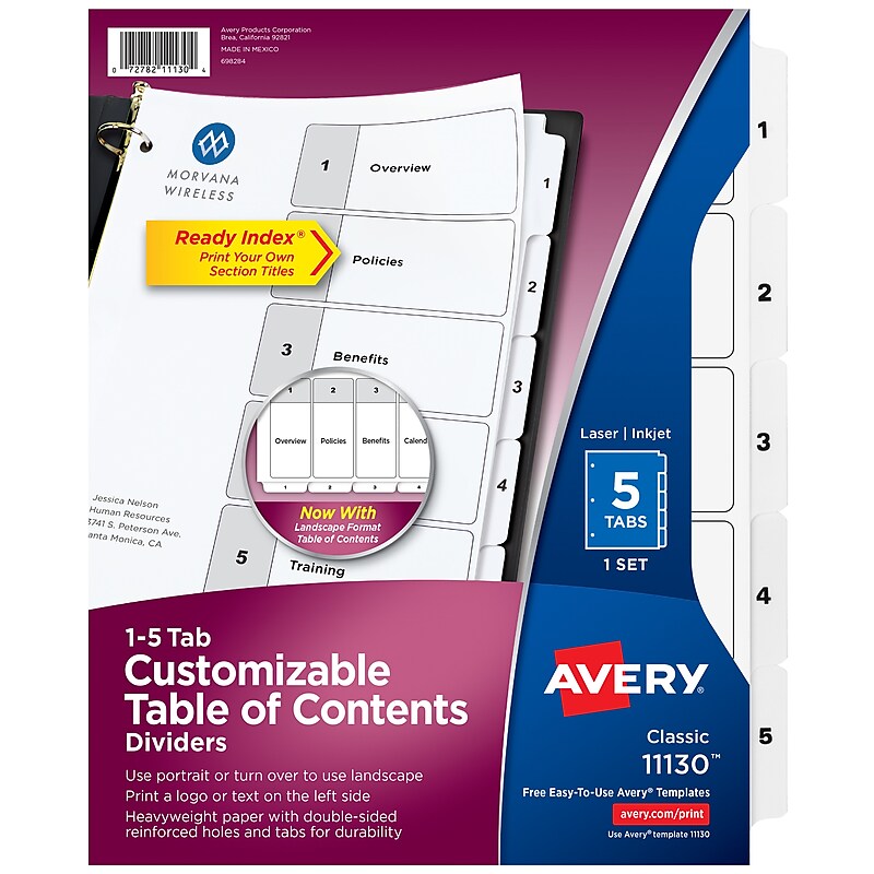 Avery Ready Index Table of Contents Paper Dividers, 1-5 Tabs, White (11130) image 1
