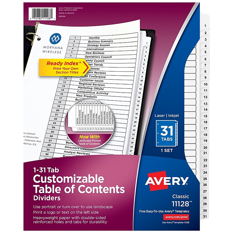 Avery Ready Index Table of Contents Pre-Printed Numeric Paper Divider, 31 Tabs, White, 1 Set (11128/RI21331C) image 1