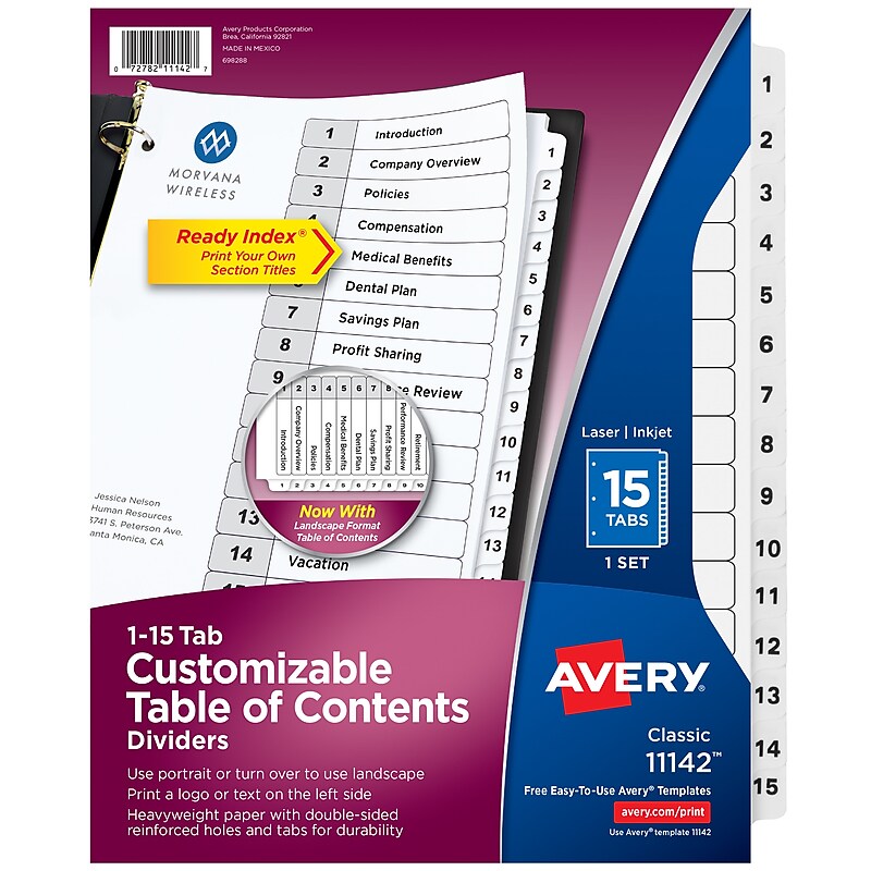 Avery Ready Index Table of Contents Paper Dividers, 1-15 Tabs, White (11142) image 1