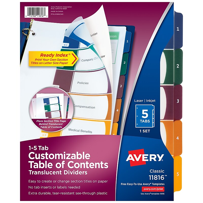 Avery Ready Index Table of Contents Plastic Dividers, 1-5 Tabs, Multicolor (11816) image 1
