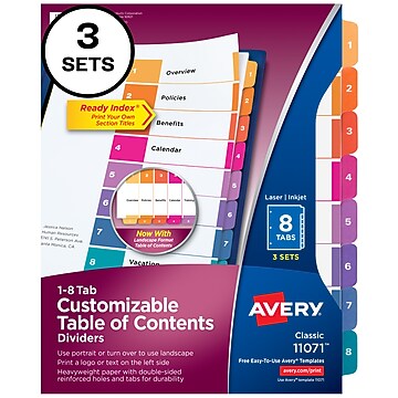Staples Customizable Table of Contents Numeric Dividers, 8-Tabs, 6