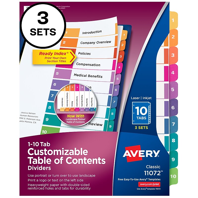 Avery Customizable Table Of Contents Ready Index Pre-Printed Paper Divider, 10-Tab, White, 3/Pack (11072) image 1