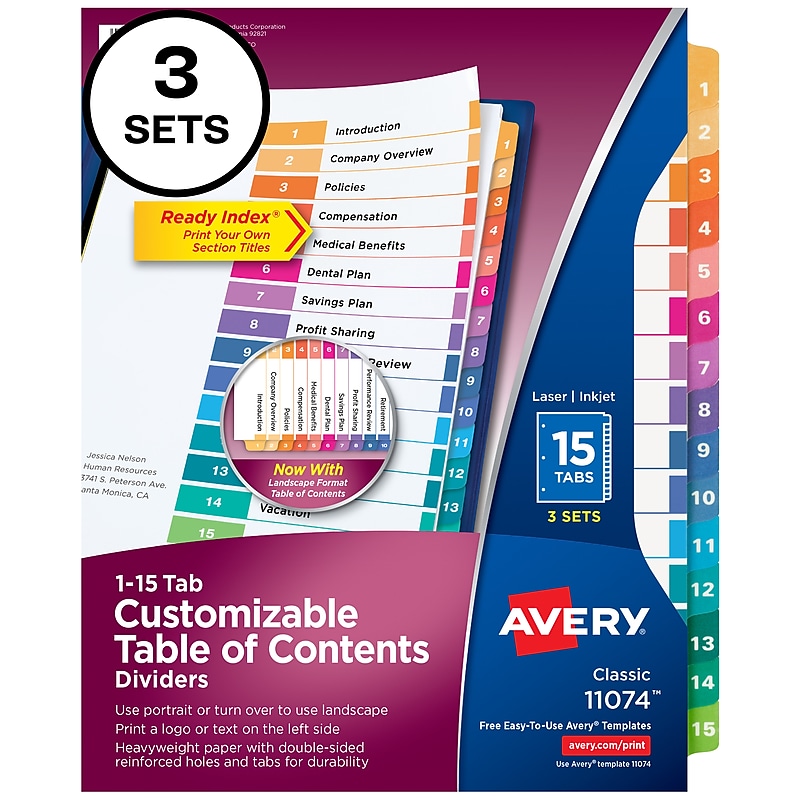 Avery Customizable Table Of Contents Divider, 15-Tab, White, 3 Sets/Pack (11074) image 1
