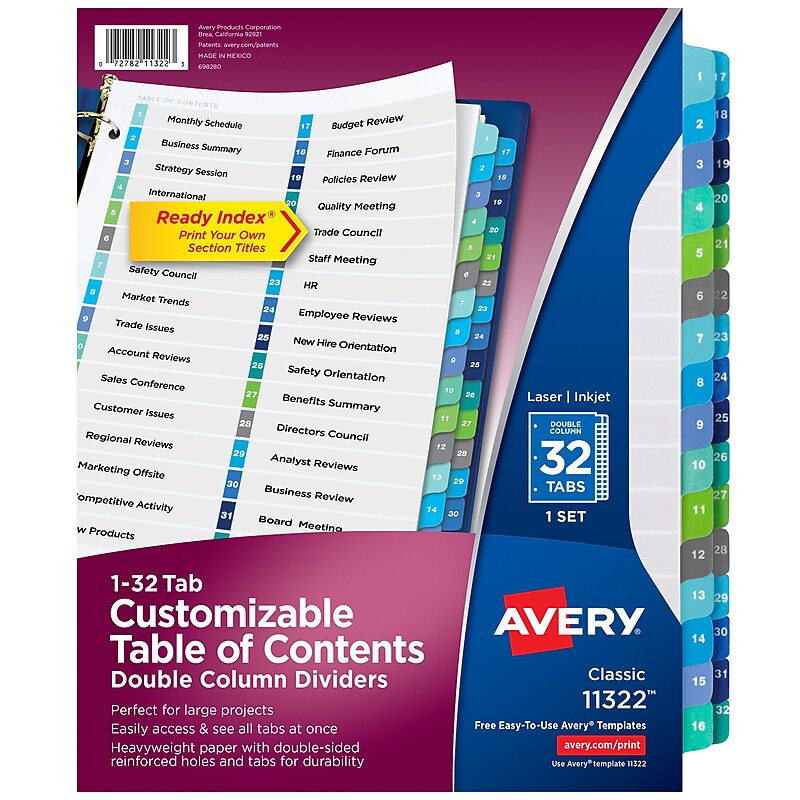 Avery Ready Index Table of Contents Double Column Paper Dividers, 1-32 Tabs, Multicolor (11322) image 1