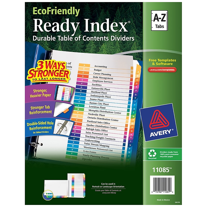 Avery Ready Index Table of Contents EcoFriendly Paper Dividers, A-Z Tabs, Multicolor (11085) image 1