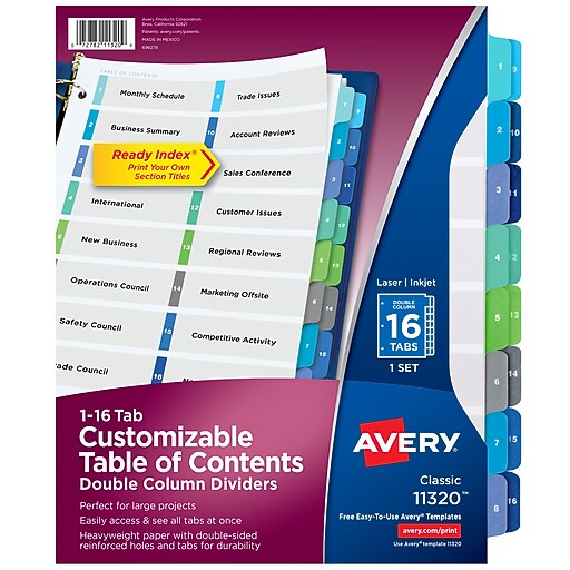 Avery Ready Index DoubleColumn Numeric Paper Dividers, 16Tab