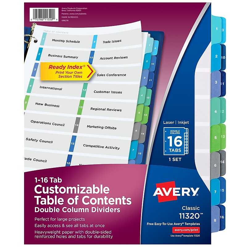 Avery Ready Index Table of Contents Double Column Paper Dividers, 1-16 Tabs, Multicolor (11320) image 1