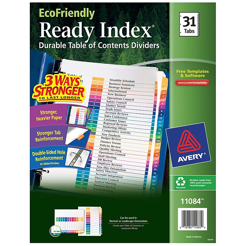 Avery Ready Index Table of Contents EcoFriendly Paper Dividers, 1-31 Tabs, Multicolor (11084) image 1