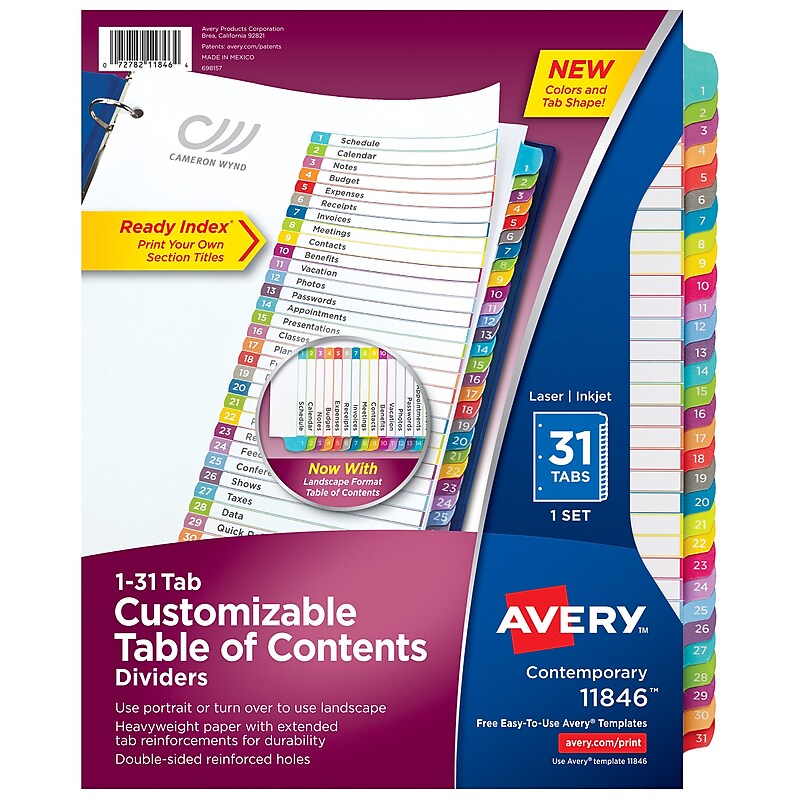 Avery Ready Index Table of Contents Paper Dividers, 1-31 Tabs, Contemporary Multicolor (11846) image 1