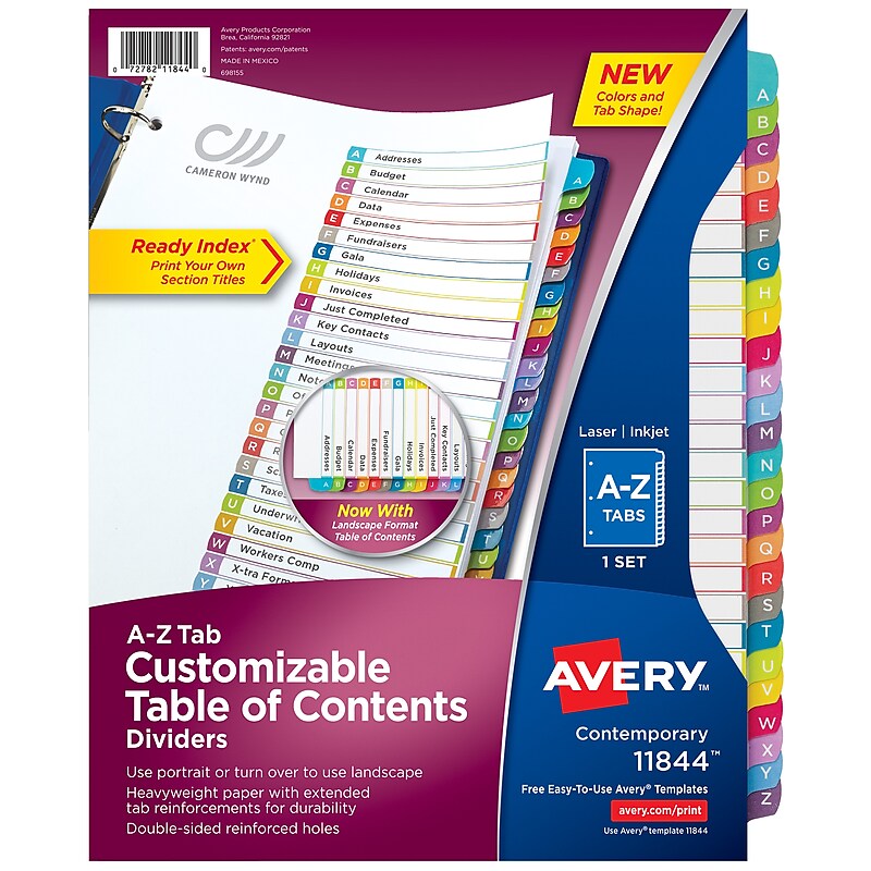 Avery Ready Index Table of Contents Paper Dividers, A-Z Tabs, Contemporary Multicolor (11844) image 1