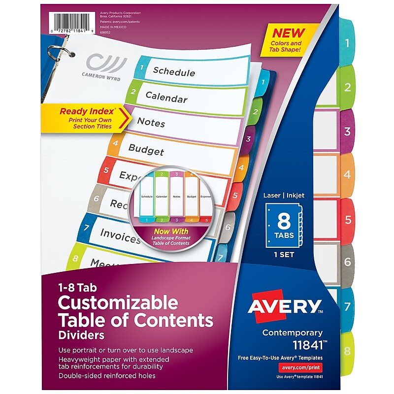 Avery Ready Index Table of Contents Paper Dividers, 1-8 Tabs, Contemporary Multicolor (11841) image 1
