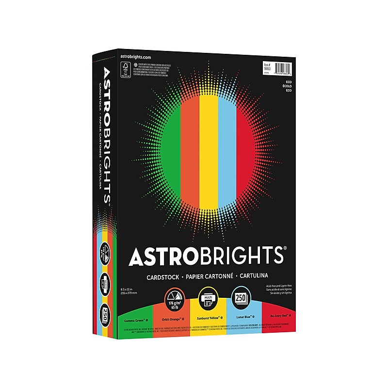Astrobrights 65 lb. Cardstock Paper, 8.5" x 11", Eco Assortment, 250 Sheets/Pack (98853) image 1