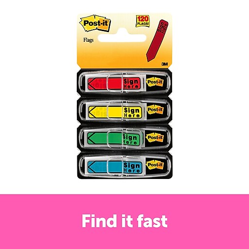 Postit® 'Sign Here' Message Flags, .47" Wide, Assorted Colors, 120 Flags/Pack (684SH) at Staples