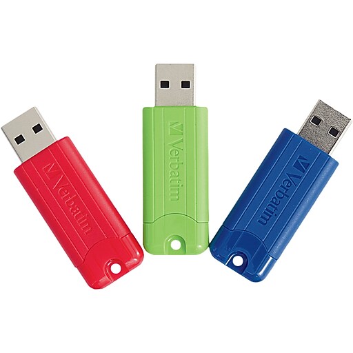 Verbatim PinStripe 128GB USB 3.0 Flash Drives, Assorted Colors, 3/Pack