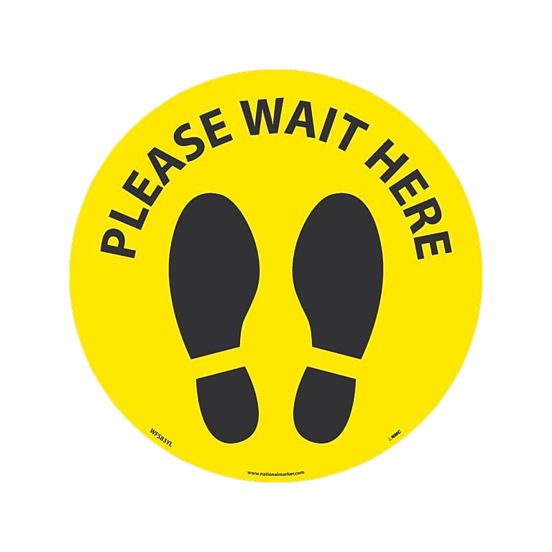 National Marker Walk-On™ Floor Decal, "Please Wait Here," 8", Yellow/Black (WFS83YL) image 1