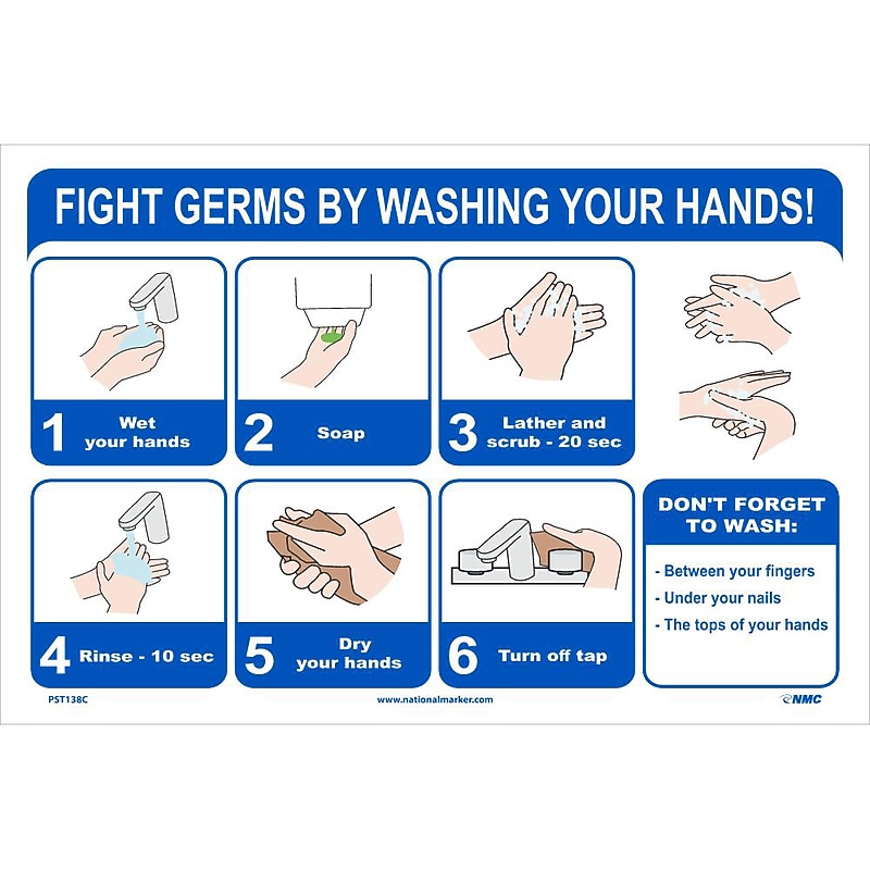 National Marker Vinyl Poster, "Fight Germs by Washing Your Hands!," 12" x 18", Blue/White (PST138C) image 1