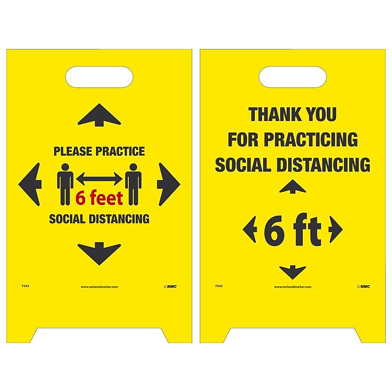 National Marker Double-Sided A-Frame Sign, "Please Practice Social Distancing," 19" x 12", Yellow/Black/Red (FS43) image 1