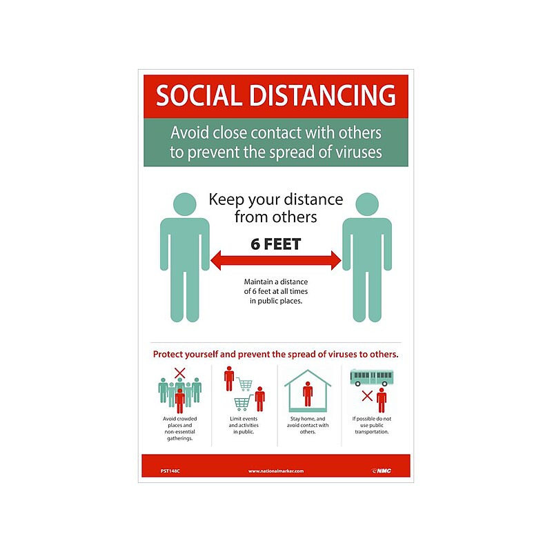 National Marker Vinyl Poster, "Social Distancing," 18" x 12", Red/Green/White (PST148C) image 1