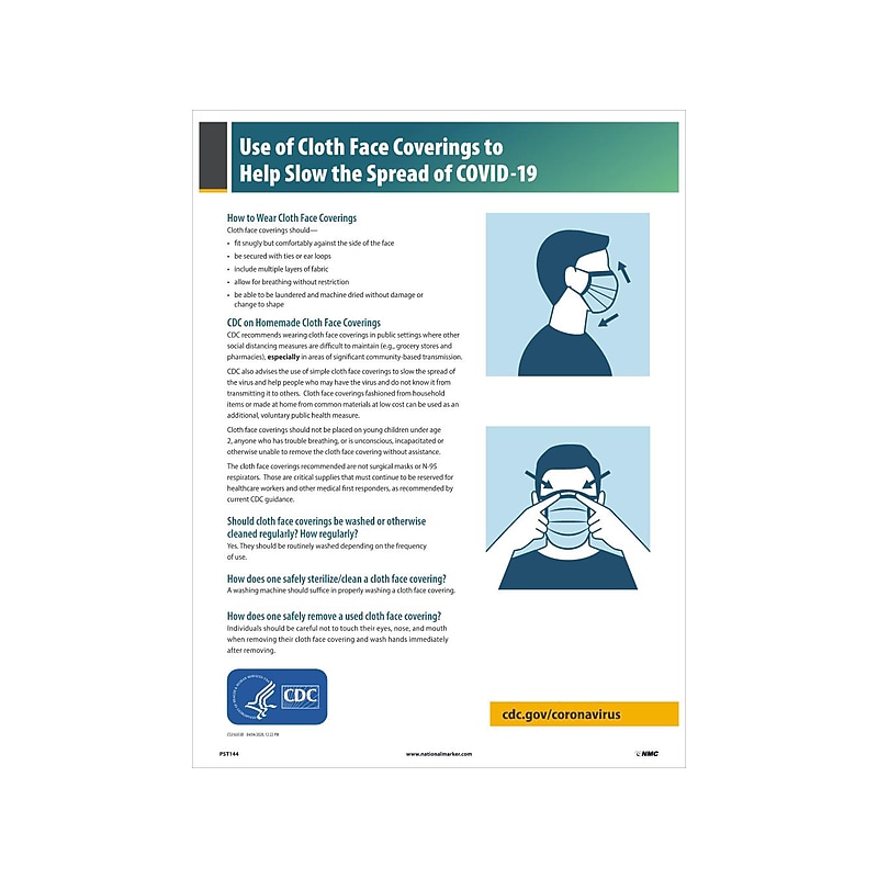 National Marker Vinyl Poster, "Use of Cloth Face Coverings to Help Slow the Spread of COVID-19," 18" x 12", Multicolor (PST144C) image 1