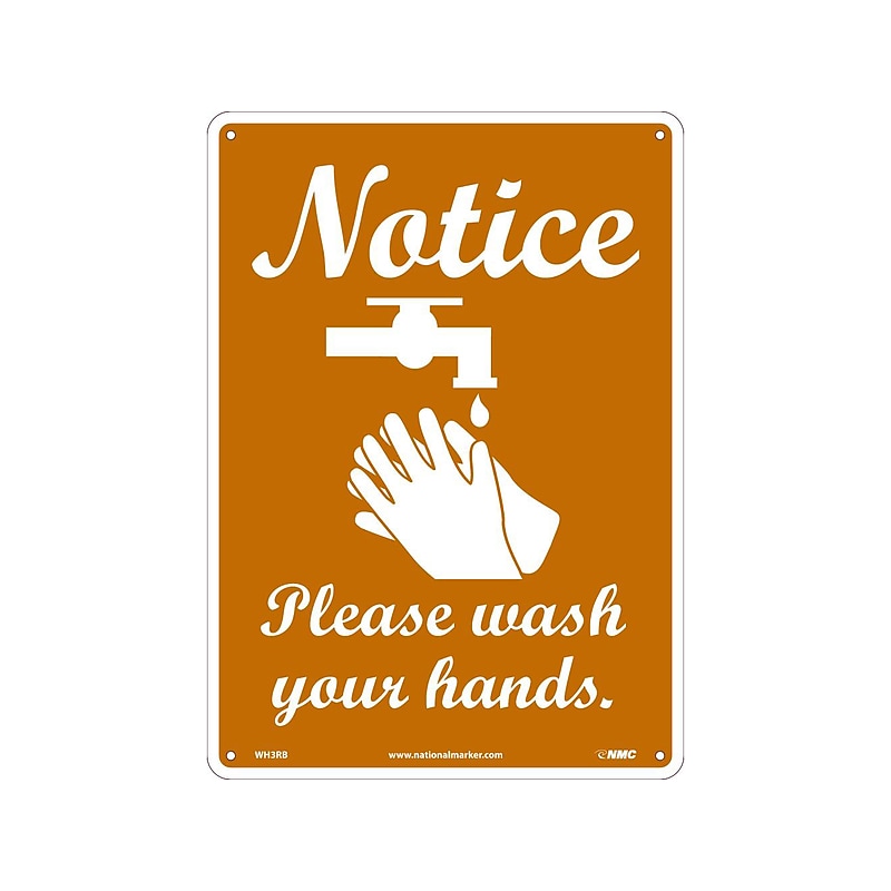 National Marker Wall Sign, "Notice: Please Wash Your Hands," Plastic, 14" x 10", Brown/White (WH3RB) image 1