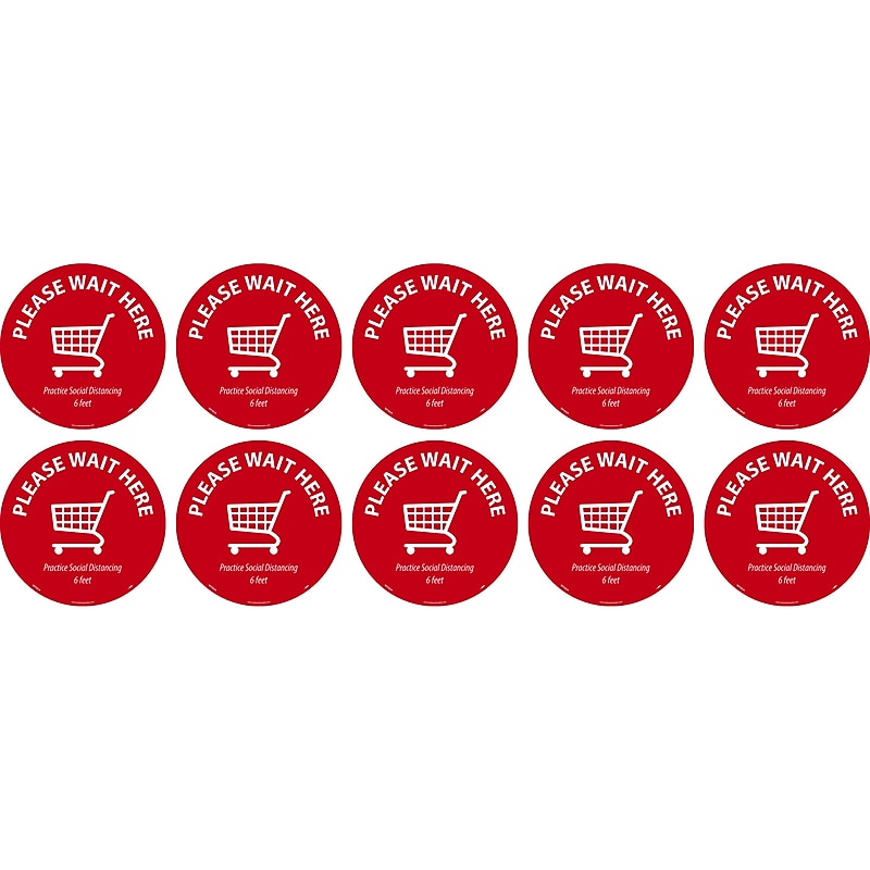 National Marker Temp-Step™ Floor Decal, "Please Wait Here," 8", Red/White, 10 (WFS82A10) image 1