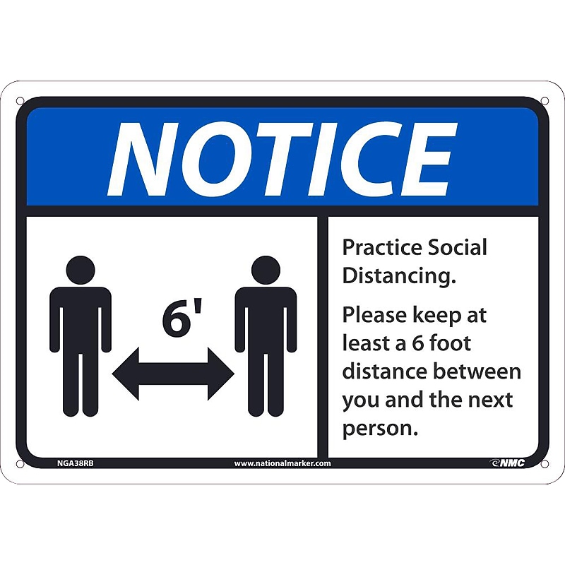 National Marker Wall Sign, "Notice: Practice Social Distancing," Plastic, 10" x 14", Blue/White/Black (NGA38RB) image 1