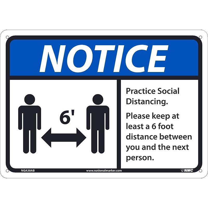 National Marker Wall Sign, "Notice: Practice Social Distancing," Aluminum, 10" x 14", Blue/White/Black (NGA38AB) image 1