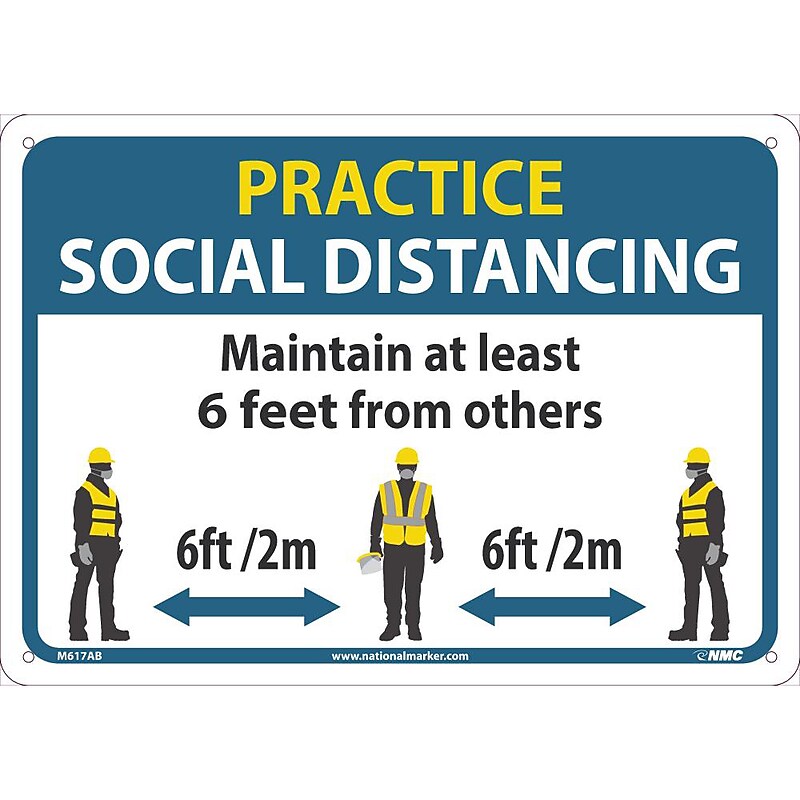 National Marker Wall Sign, "Practice Social Distancing," Aluminum, 10" x 14", Blue/White/Yellow (M619AB) image 1