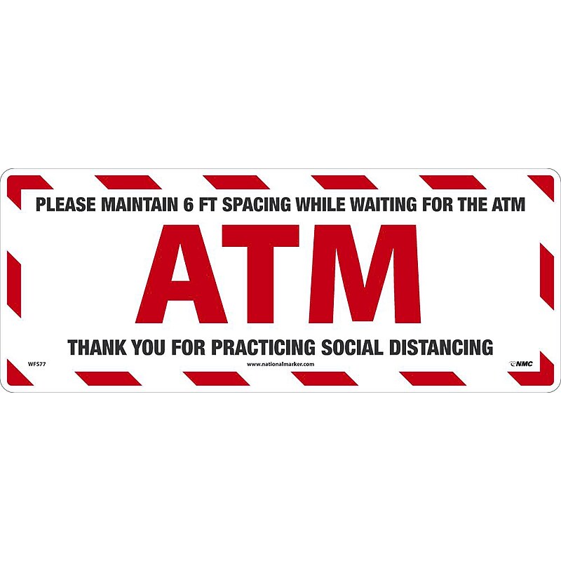 National Marker Walk-On™ Floor Decal, "Please Maintain 6 FT Spacing While Waiting for the ATM," 8" x 20", White/Red (WFS77) image 1