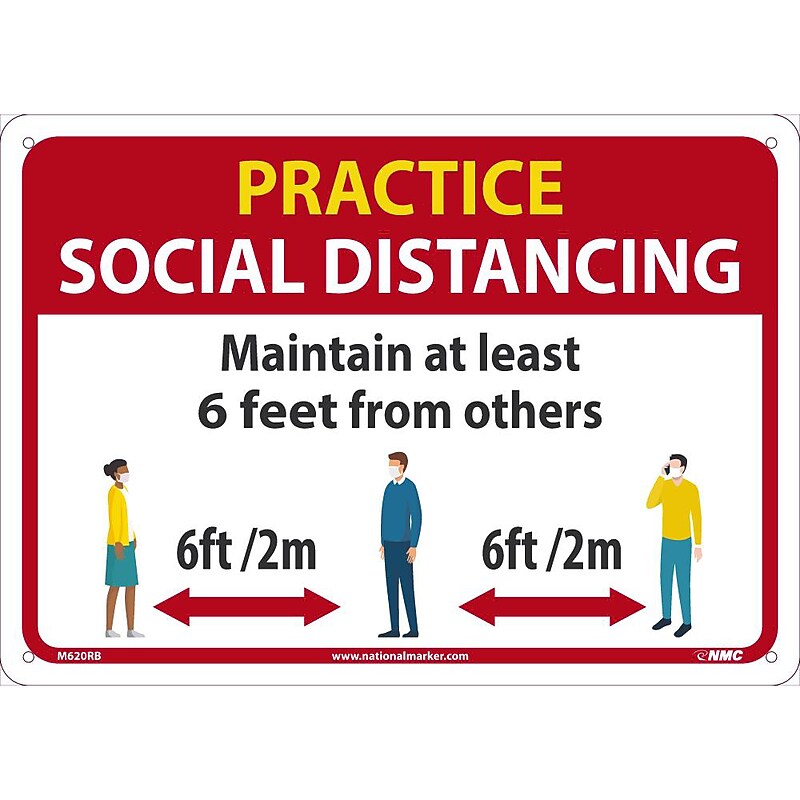 National Marker Wall Sign, "Practice Social Distancing," Plastic, 10" x 14", Red/White/Yellow (M620RB) image 1