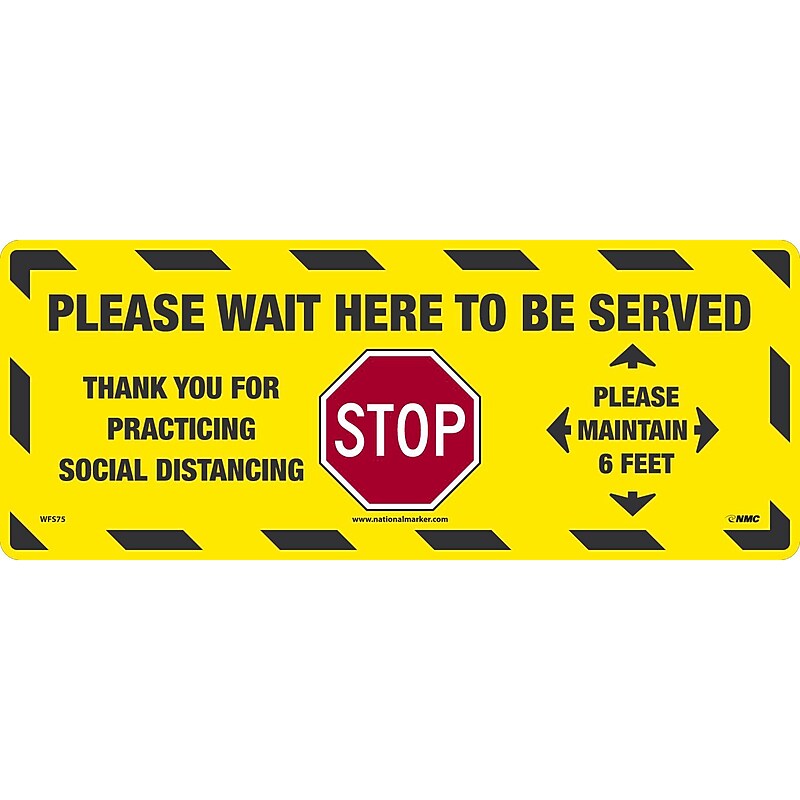 National Marker Walk-On™ Floor Decal, "Please Wait Here to be Served," 8" x 20", Yellow/Black/Red (WFS75) image 1