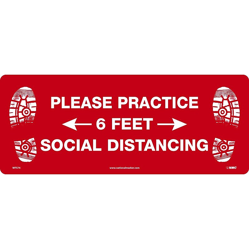 National Marker Walk-On™ Floor Decal, "Please Practice Social Distancing," 8" x 20", Red/White (WFS74) image 1