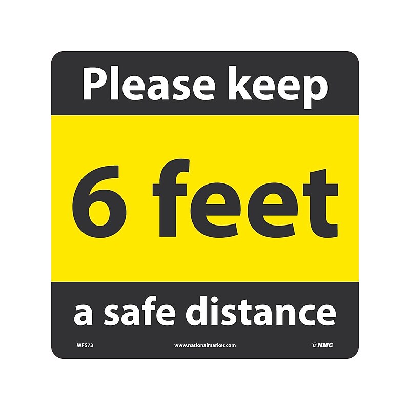 National Marker Walk-On™ Floor Decal, "6 Feet Please Keep a Safe Distance," 12" x 12", Yellow/Black (WFS73) image 1