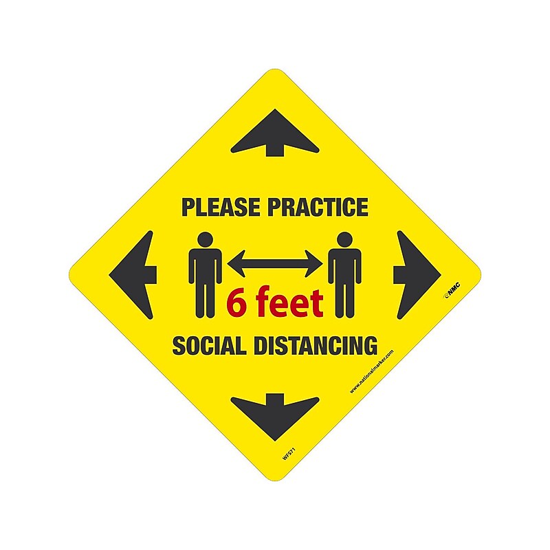 National Marker Walk-On™ Floor Decal, "Please Practice Social Distancing," 12" x 12", Yellow (WFS71) image 1