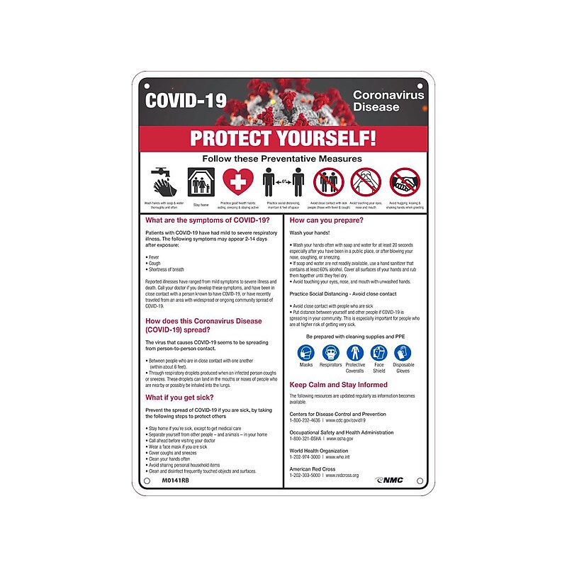 National Marker Wall Sign, "COVID-19 Protect Yourself," Plastic, 14" x 10", White/Red/Black (M0141RB) image 1