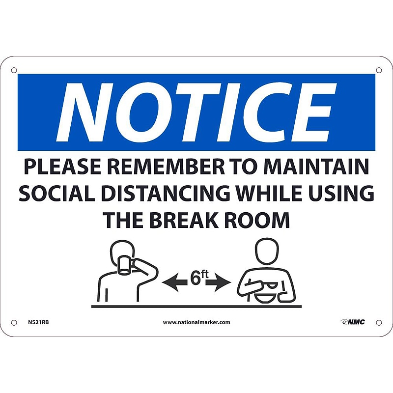 National Marker Wall Sign, "Please Maintain Social Distancing While Using Breakroom," Plastic, 10" x 14", Blue/White (N521RB) image 1