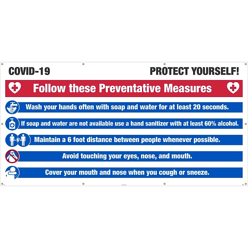 National Marker Mesh Banner, "COVID-19 Preventative Measures," 5' x 10', Blue/Red/White/Black (BT561) image 1