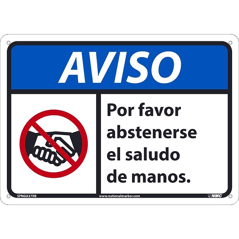National Marker Wall Sign, "Notice: Please Refrain from Shaking Hands," Plastic, 10" x 14", Blue/White (SPNGA37RB) image 1