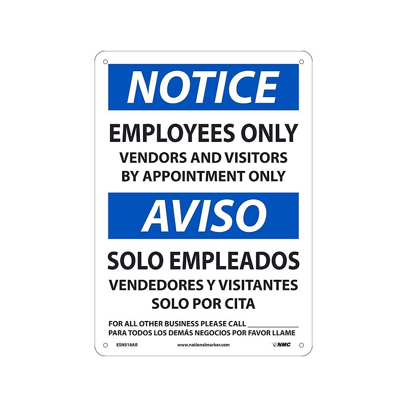National Marker Wall Sign, "Notice: Employees Only," Aluminum, 14" x 10", White/Blue (ESN518AB) image 1